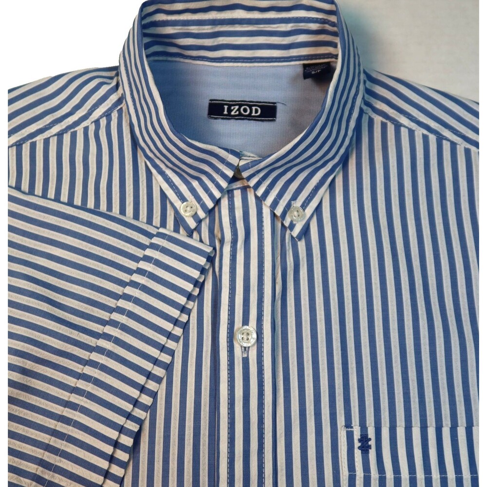 Izod Men Small Seersucker Woven Button Down Shirt Blue/White Stripe Short Sleeve